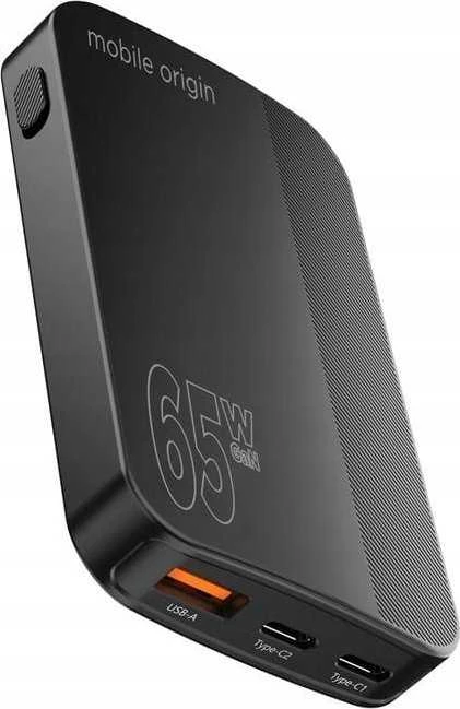 Mobile Origin 65W GaN III plonas įkroviklis, dvigubas USB-C, vienas USB-A, juodas