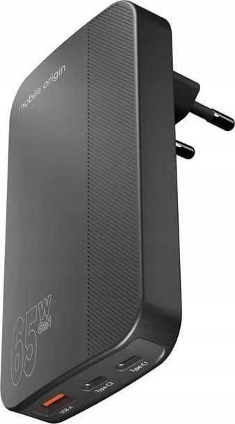 Mobile Origin 65W GaN III plonas įkroviklis, dvigubas USB-C, vienas USB-A, juodas