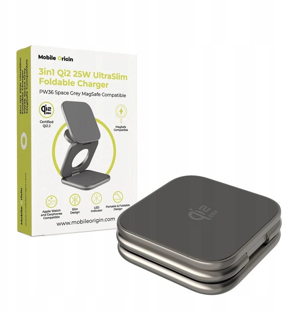 Mobile Origin 3 viename Qi2 25W ultraplonas sulankstomas įkroviklis PW36 suderinamas su MagSafe kosminė pilka