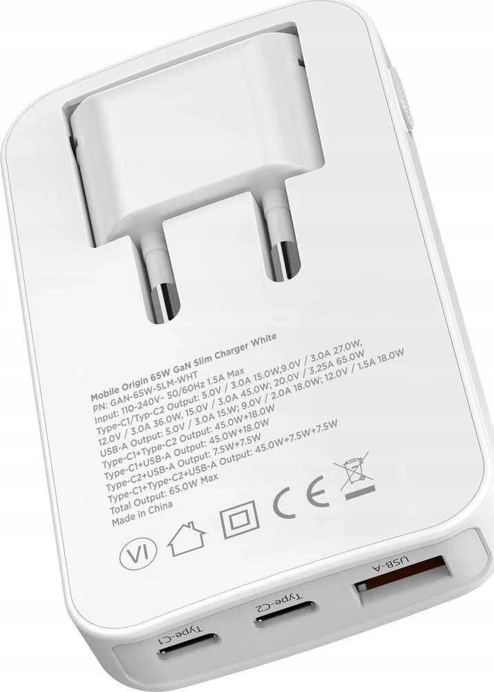Mobile Origin 65W GaN III plonas įkroviklis su dviguba USB-C jungtimi, vieno USB-A jungtimi, baltas