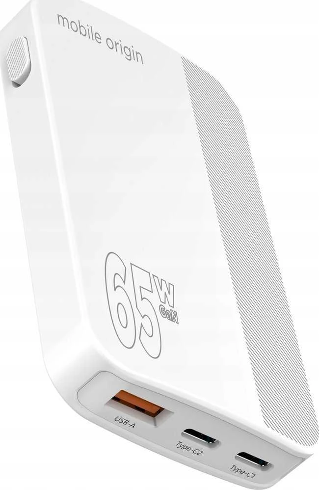 Mobile Origin 65W GaN III plonas įkroviklis su dviguba USB-C jungtimi, vieno USB-A jungtimi, baltas