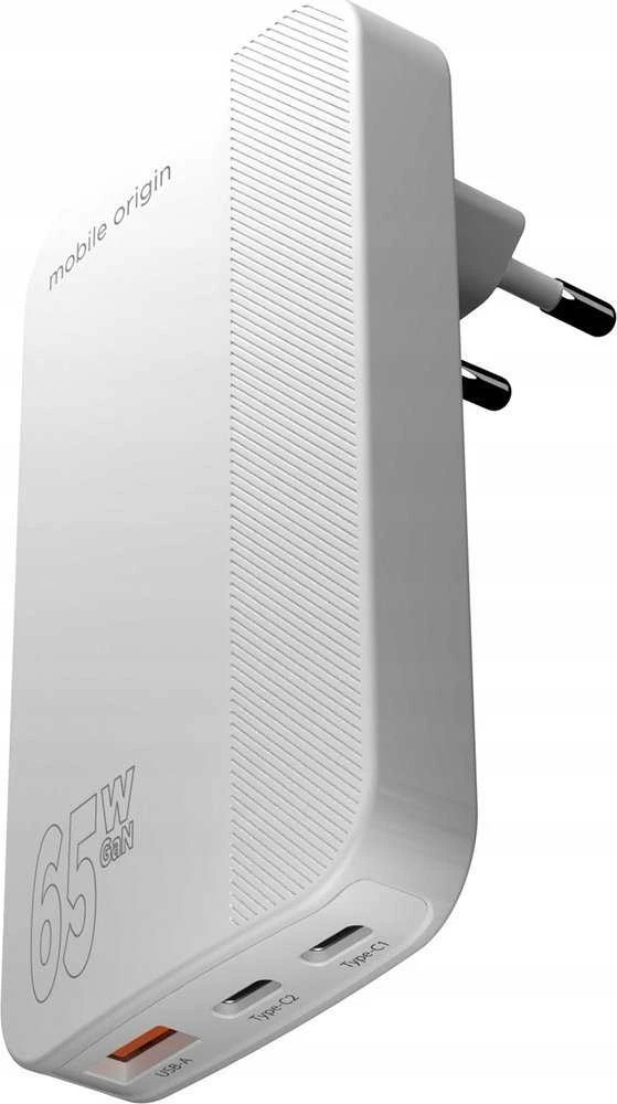 Mobile Origin 65W GaN III plonas įkroviklis su dviguba USB-C jungtimi, vieno USB-A jungtimi, baltas