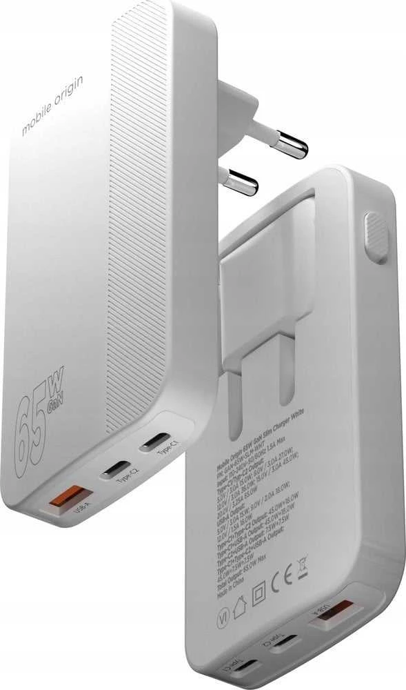 Mobile Origin 65W GaN III plonas įkroviklis su dviguba USB-C jungtimi, vieno USB-A jungtimi, baltas