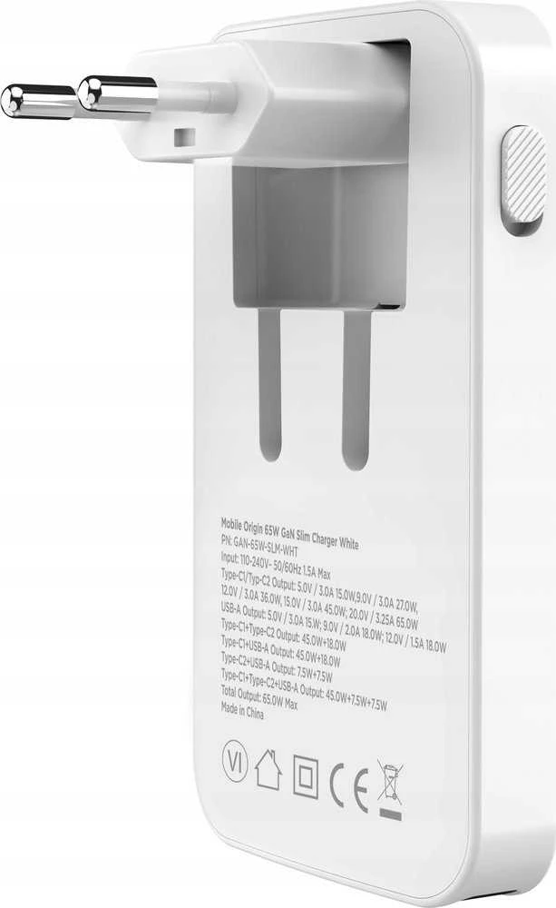 Mobile Origin 65W GaN III plonas įkroviklis su dviguba USB-C jungtimi, vieno USB-A jungtimi, baltas