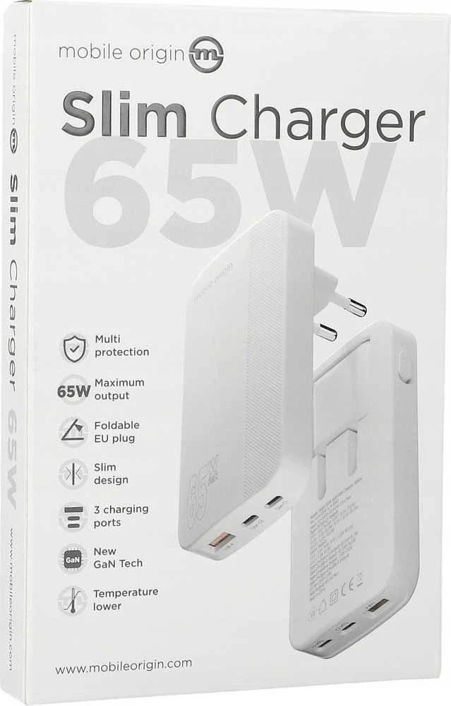 Mobile Origin 65W GaN III plonas įkroviklis su dviguba USB-C jungtimi, vieno USB-A jungtimi, baltas
