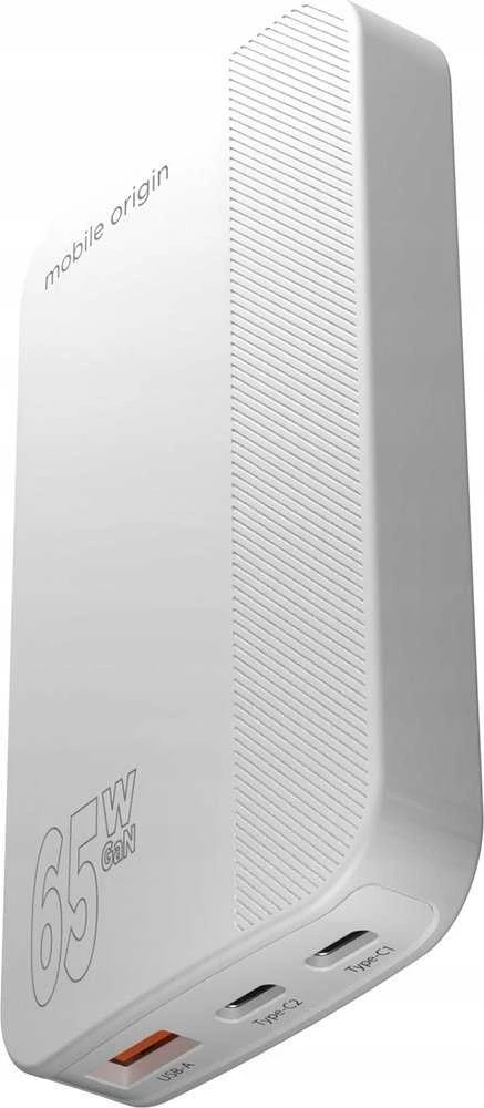 Mobile Origin 65W GaN III plonas įkroviklis su dviguba USB-C jungtimi, vieno USB-A jungtimi, baltas