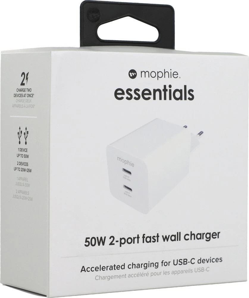 „Mophie Essentials“ maitinimo adapteris, dvigubas USB-C, PD, 50 W, ES, Baltas