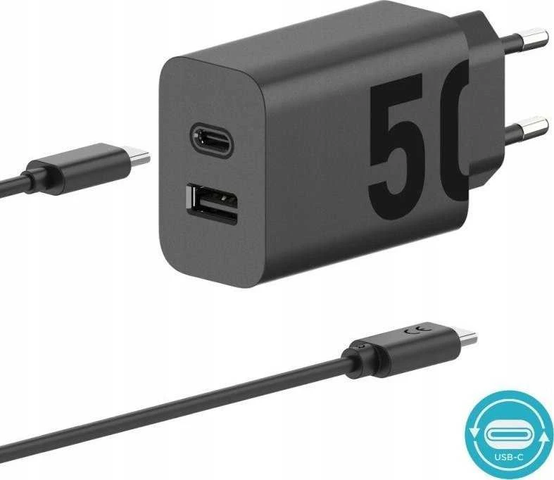Įkroviklis Motorola TurboPower 50W dvigubas USB-C/USB-A su USB-C laidu 1m juodos spalvos