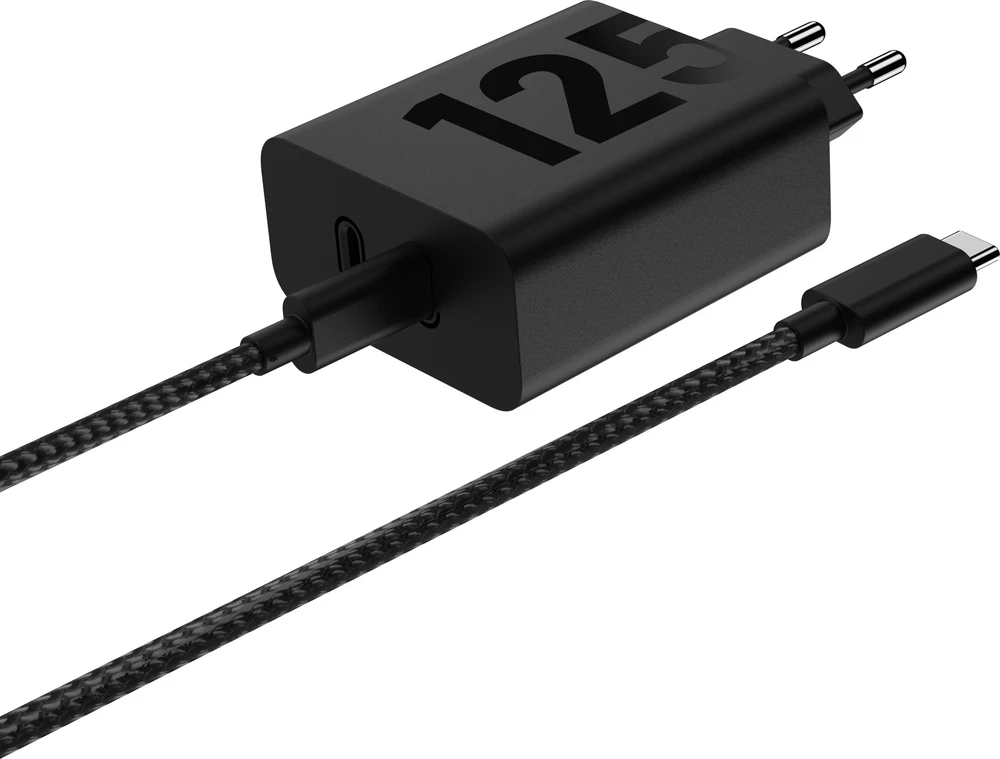 MCD-1252 Motorola TurboPower Duo 2xUSB-C 125W kelioninis įkroviklis + USB-C/USB-C Data kabelis juodos spalvos