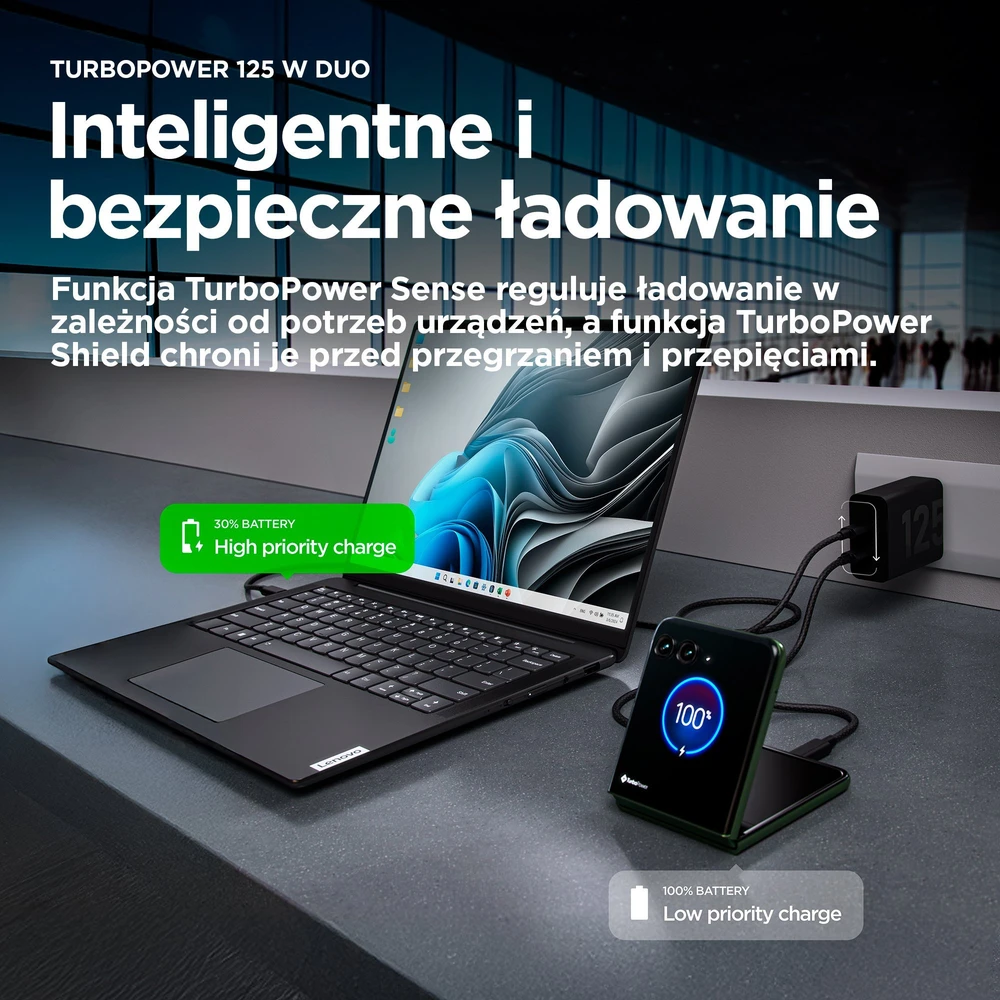 MCD-1252 Motorola TurboPower Duo 2xUSB-C 125W kelioninis įkroviklis + USB-C/USB-C Data kabelis juodos spalvos