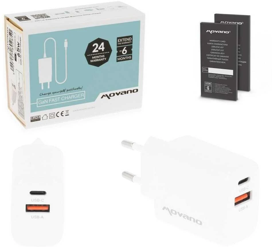 Įkroviklis Movano GaN 20W USB-C PD + USB-A (baltas)