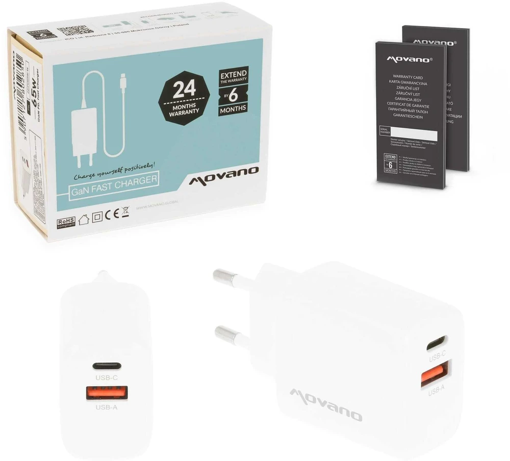 Įkroviklis Movano GaN 30W USB-C PD + USB-A (baltas)
