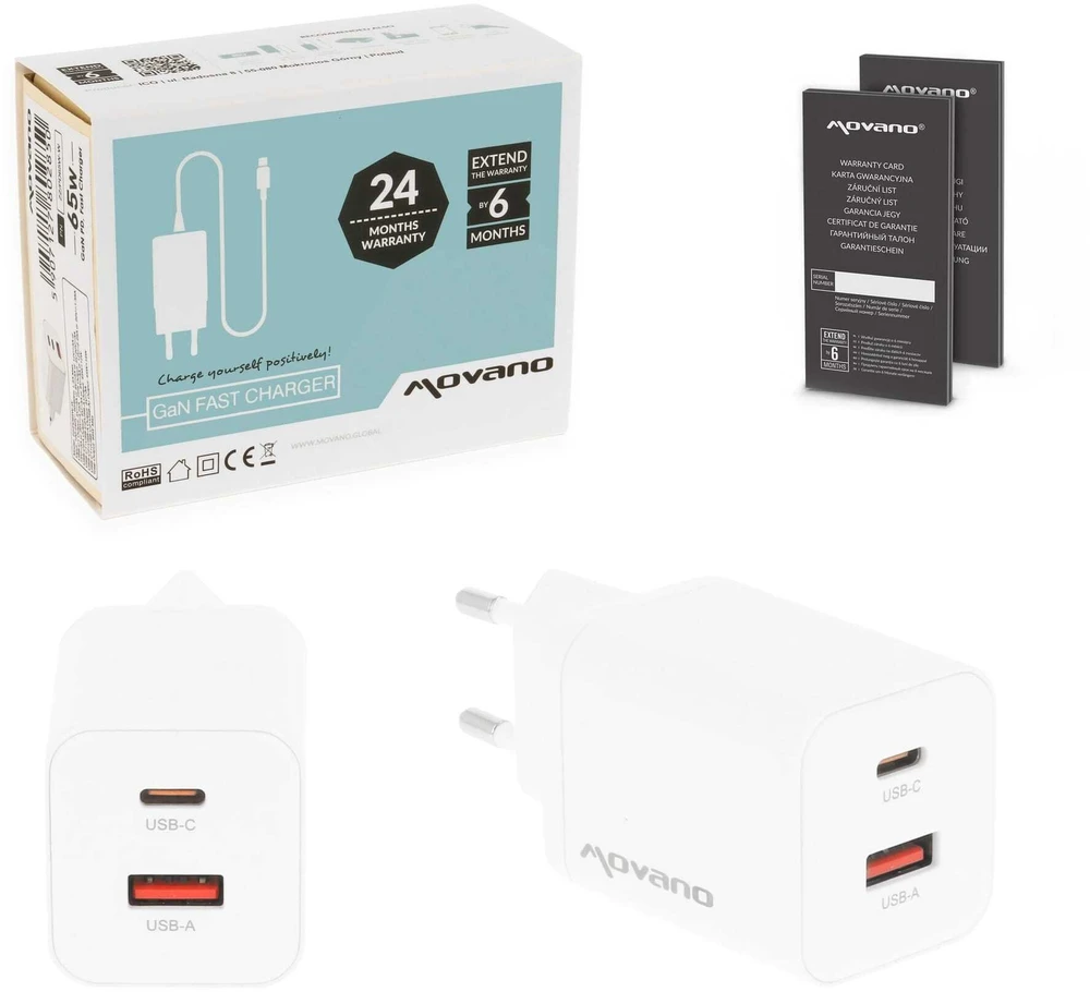 Įkroviklis Movano GaN 45W USB-C PD + USB-A (baltas)