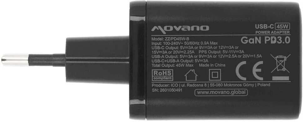 Įkroviklis Movano GaN 45W USB-C PD + USB-A (juodas)