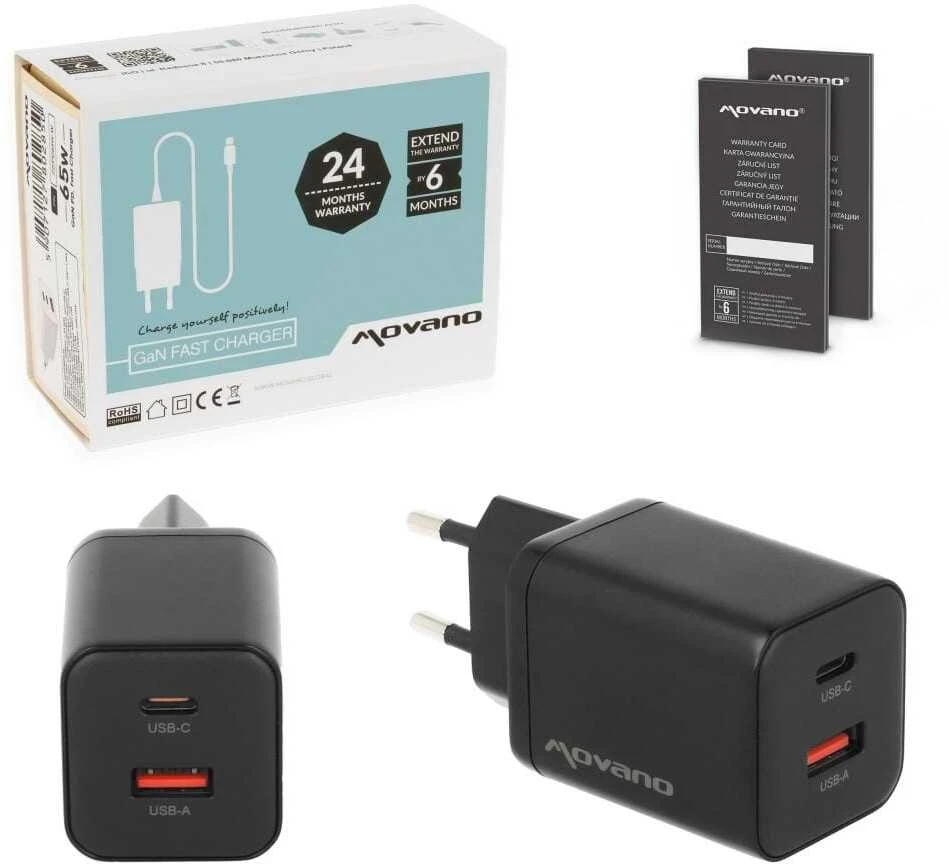 Įkroviklis Movano GaN 45W USB-C PD + USB-A (juodas)