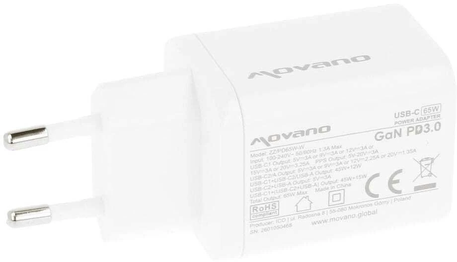 Įkroviklis Movano GaN 65W 2x USB-C PD + USB-A (baltas)