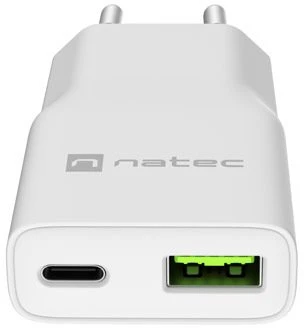 NATEC RIBERA GAN SLIM maitinimo įkroviklis 1× USB-A + 1× USB-C 20W Baltas