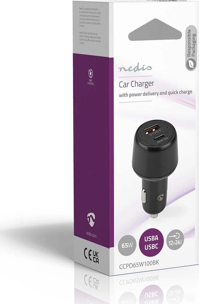 Įkroviklis Nedis Car Charger, Auto, Cigar lighter, 20 V, Juodas