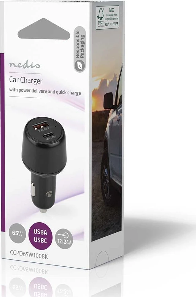 Įkroviklis Nedis Car Charger, Auto, Cigar lighter, 20 V, Juodas