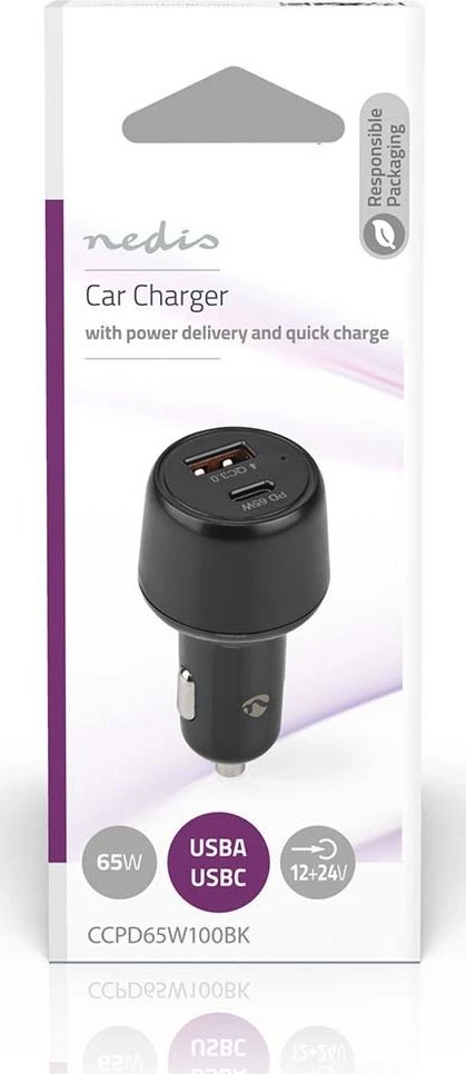 Įkroviklis Nedis Car Charger, Auto, Cigar lighter, 20 V, Juodas