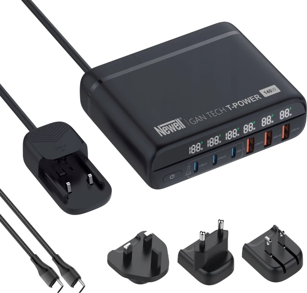 Newell 140W įkroviklis su ekranu ir adapterių rinkiniu