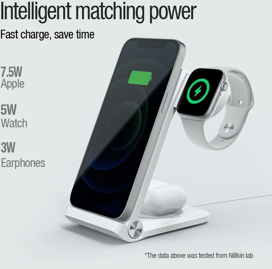 Nillkin PowerTrio 3in1 belaidis įkroviklis Apple Watch baltos spalvos (MFI)