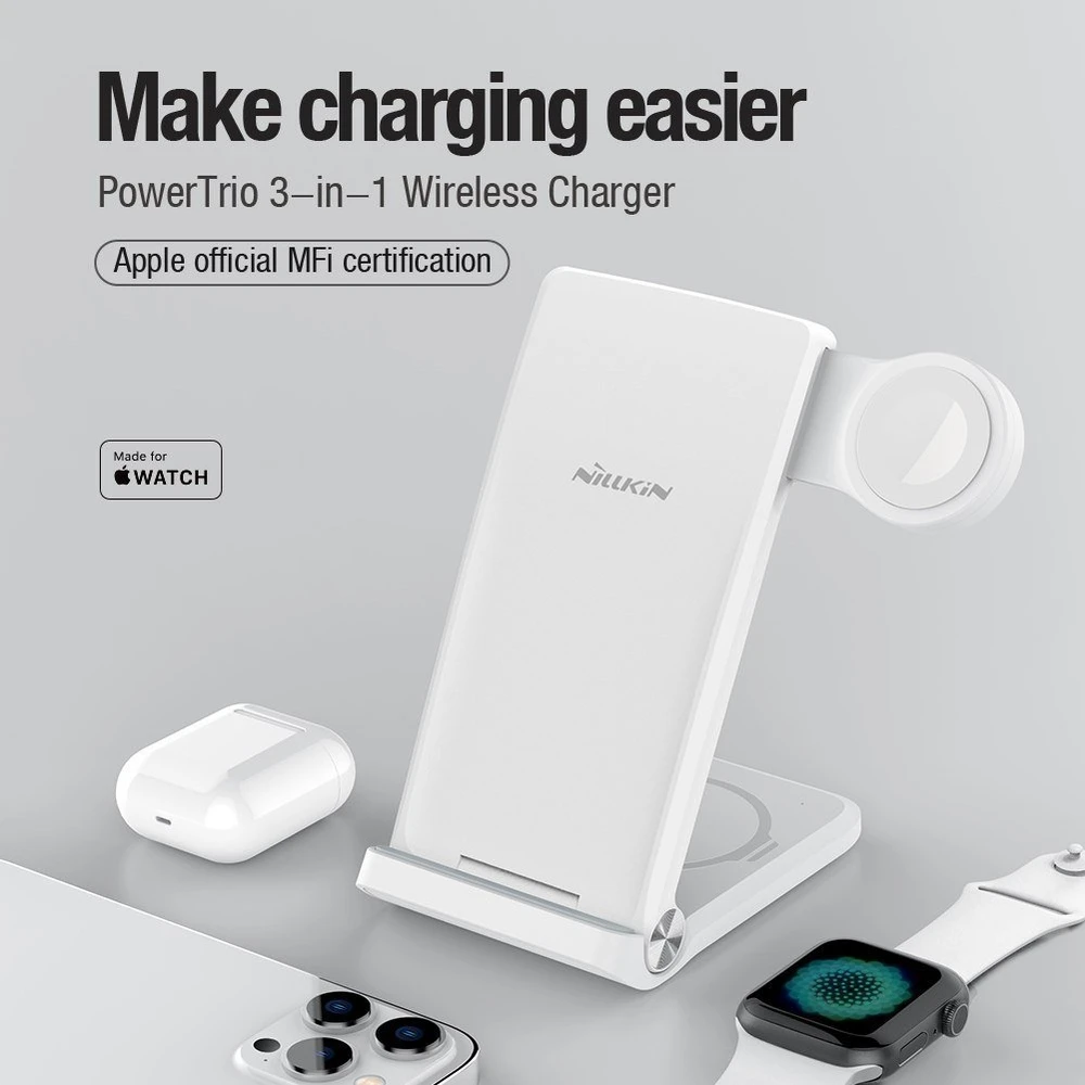 Nillkin PowerTrio 3in1 belaidis įkroviklis Apple Watch baltos spalvos (MFI)