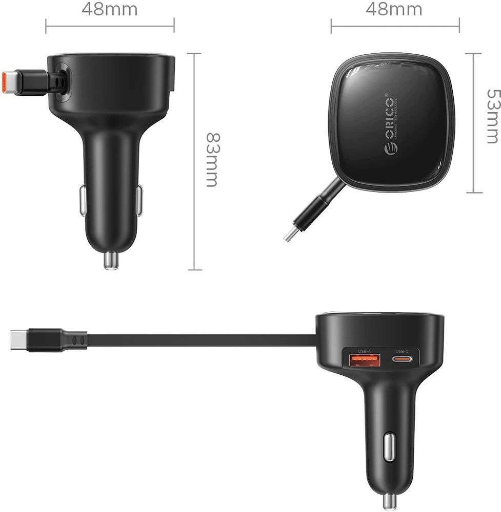Orico Automobilinis įkroviklis 66W su įmontuotu susukamu USB-C kabeliu