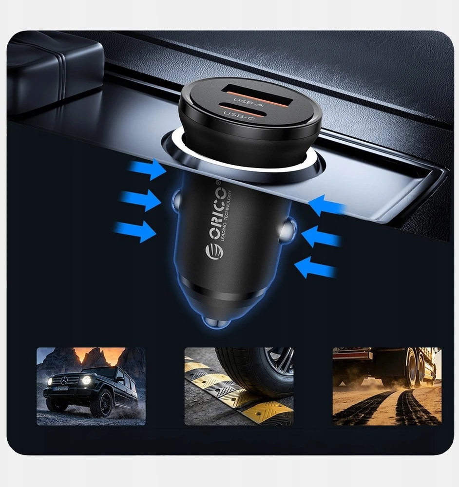 Orico automobilio įkroviklis PD 65W, USB-C, USB-A