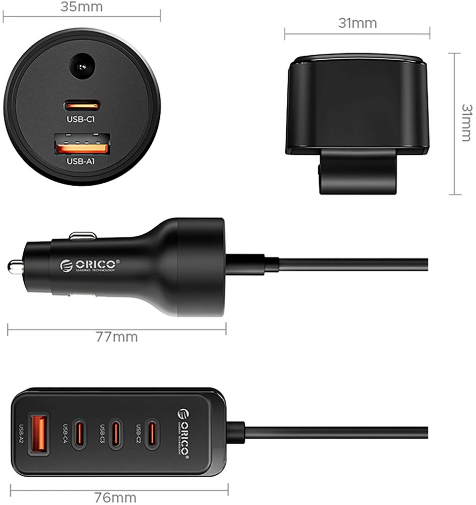 Orico ChargeClip 108W automobilinis įkroviklis 2x USB-A + 4x USB-C su spaustuku - Juodas