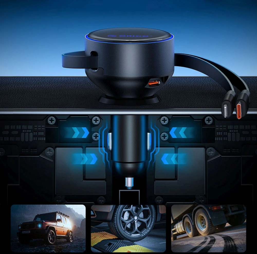 „Orico“ dvigubo tempimo 60 W USB-C automobilinis įkroviklis su dviem ištraukiamais USB-C + „Lightning“ laidais - Juodas