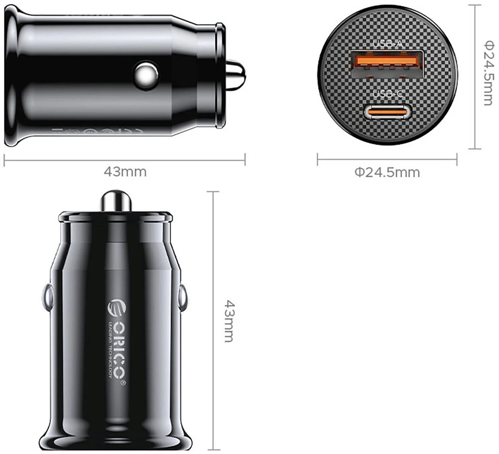 Orico PowerMini 30W USB-C + USB-A automobilinis įkroviklis - Juodas