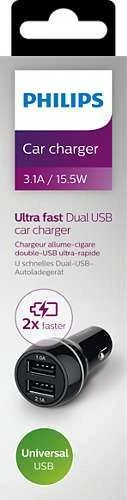 Įkroviklis automobilinis Philips (2xUSB 3.1A) juodas
