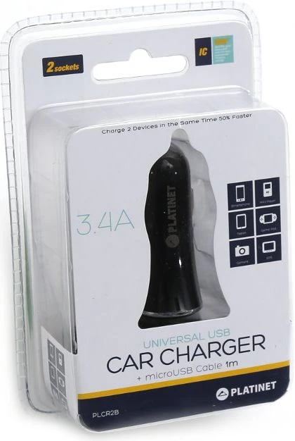 Platinet automobilinis pakrovėjas + laidas 2xUSB 3400mA, juodas (43719)