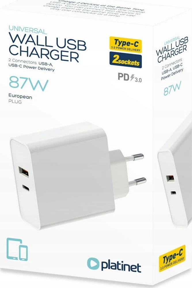 Įkroviklis Platinet (PLCUPD87W) (1xUSB-C; 1xUSB) 87W baltas