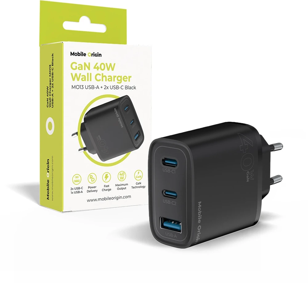 Mobile Origin GaN 40W laidinis įkroviklis MO13, juodos spalvos 1 USB-A + 2 USB-C