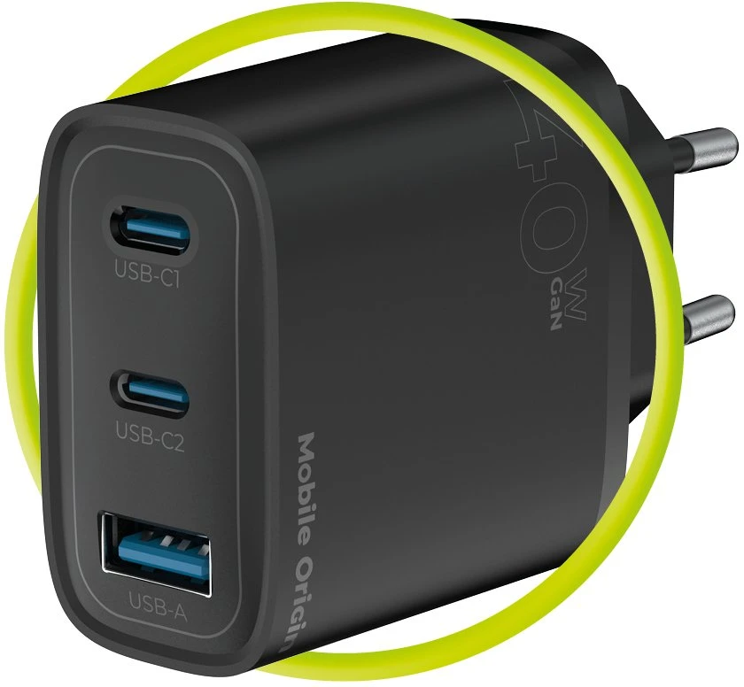 Mobile Origin GaN 40W laidinis įkroviklis MO13, juodos spalvos 1 USB-A + 2 USB-C