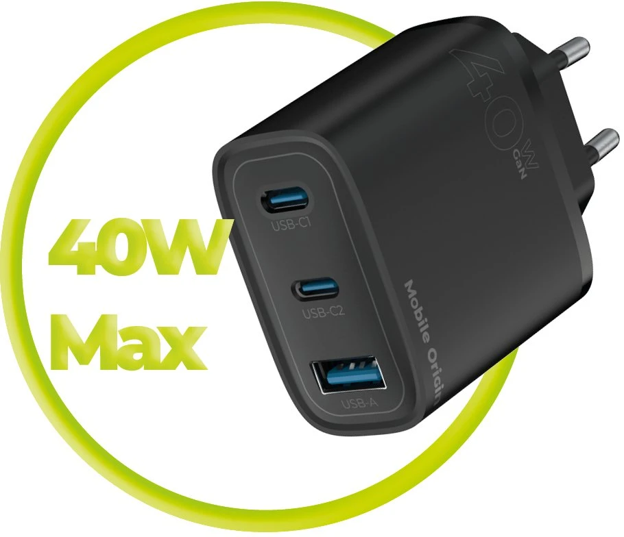 Mobile Origin GaN 40W laidinis įkroviklis MO13, juodos spalvos 1 USB-A + 2 USB-C