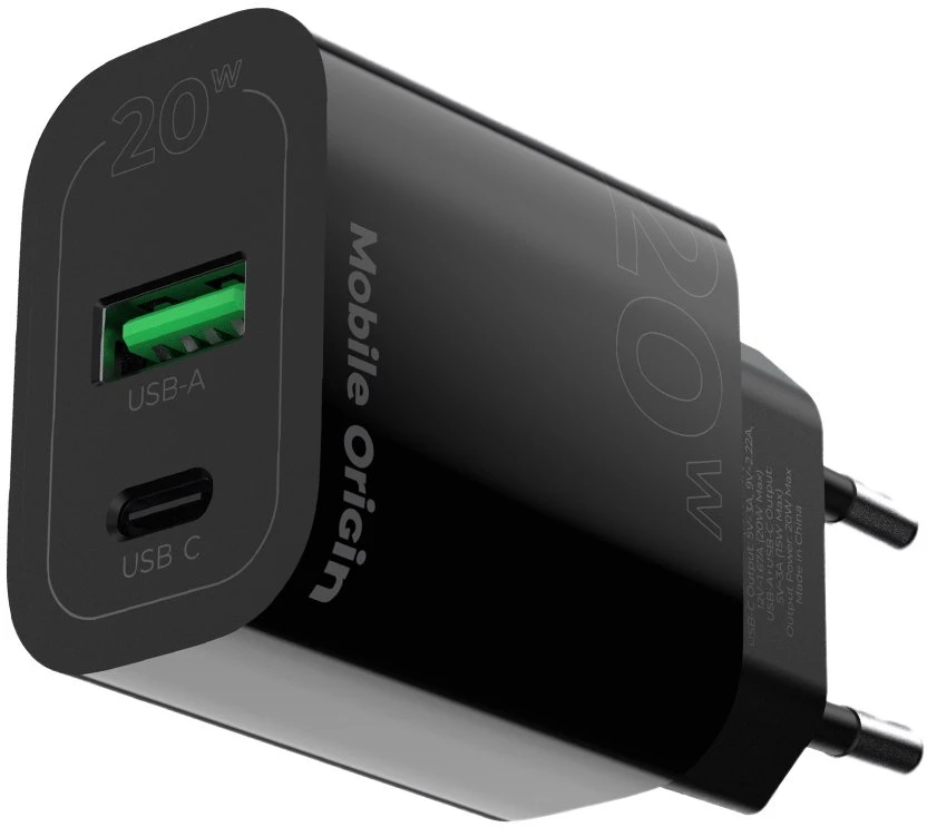 Mobile Origin PD20W laidinis įkroviklis MO12, juodos spalvos 1 USB-A + 1 USB-C
