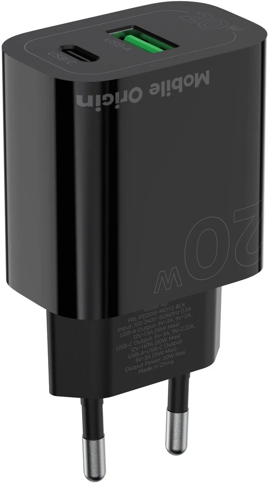 Mobile Origin PD20W laidinis įkroviklis MO12, juodos spalvos 1 USB-A + 1 USB-C