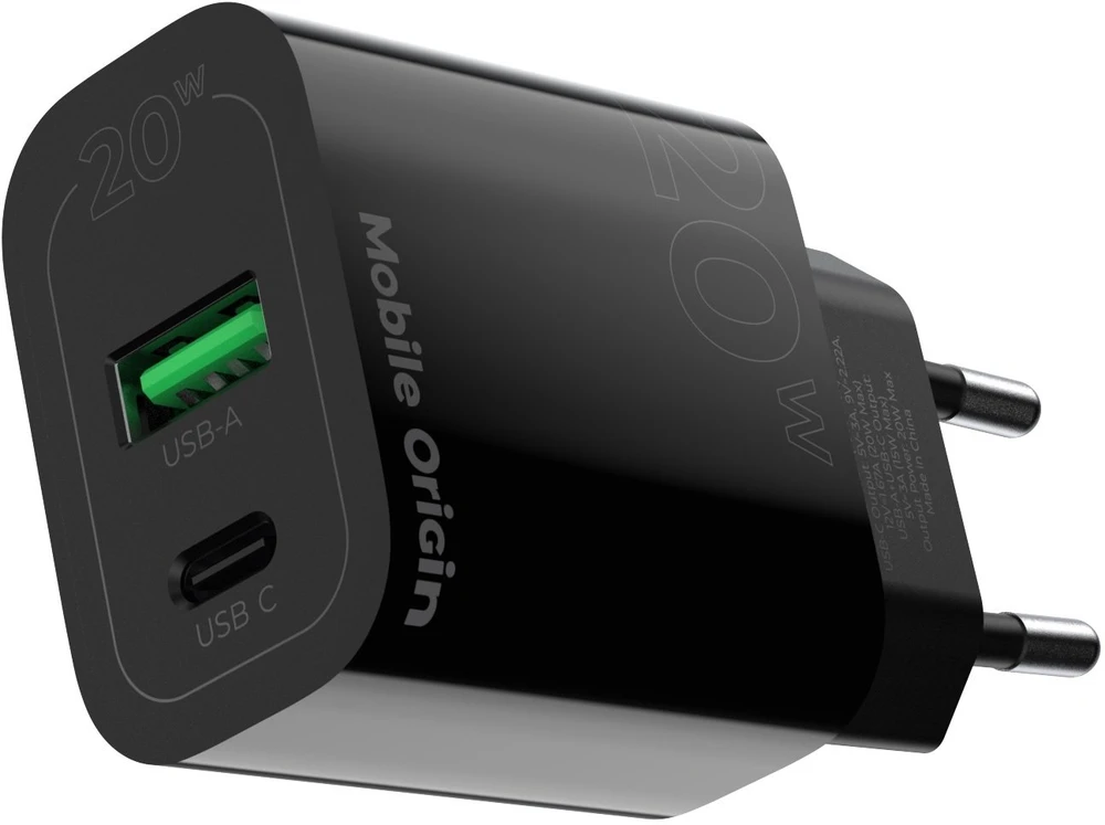 Mobile Origin PD20W laidinis įkroviklis MO12, juodos spalvos 1 USB-A + 1 USB-C