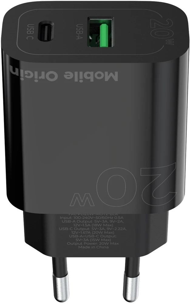 Mobile Origin PD20W laidinis įkroviklis MO12, juodos spalvos 1 USB-A + 1 USB-C
