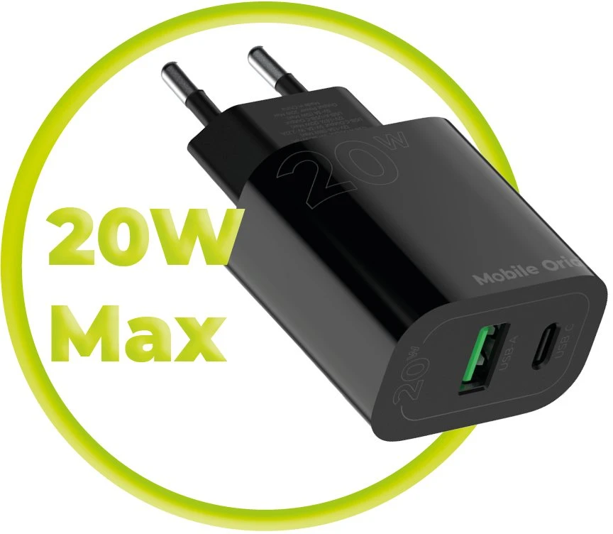 Mobile Origin PD20W laidinis įkroviklis MO12, juodos spalvos 1 USB-A + 1 USB-C