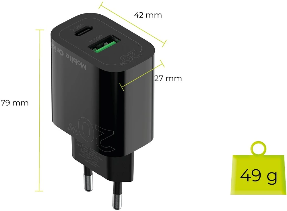 Mobile Origin PD20W laidinis įkroviklis MO12, juodos spalvos 1 USB-A + 1 USB-C