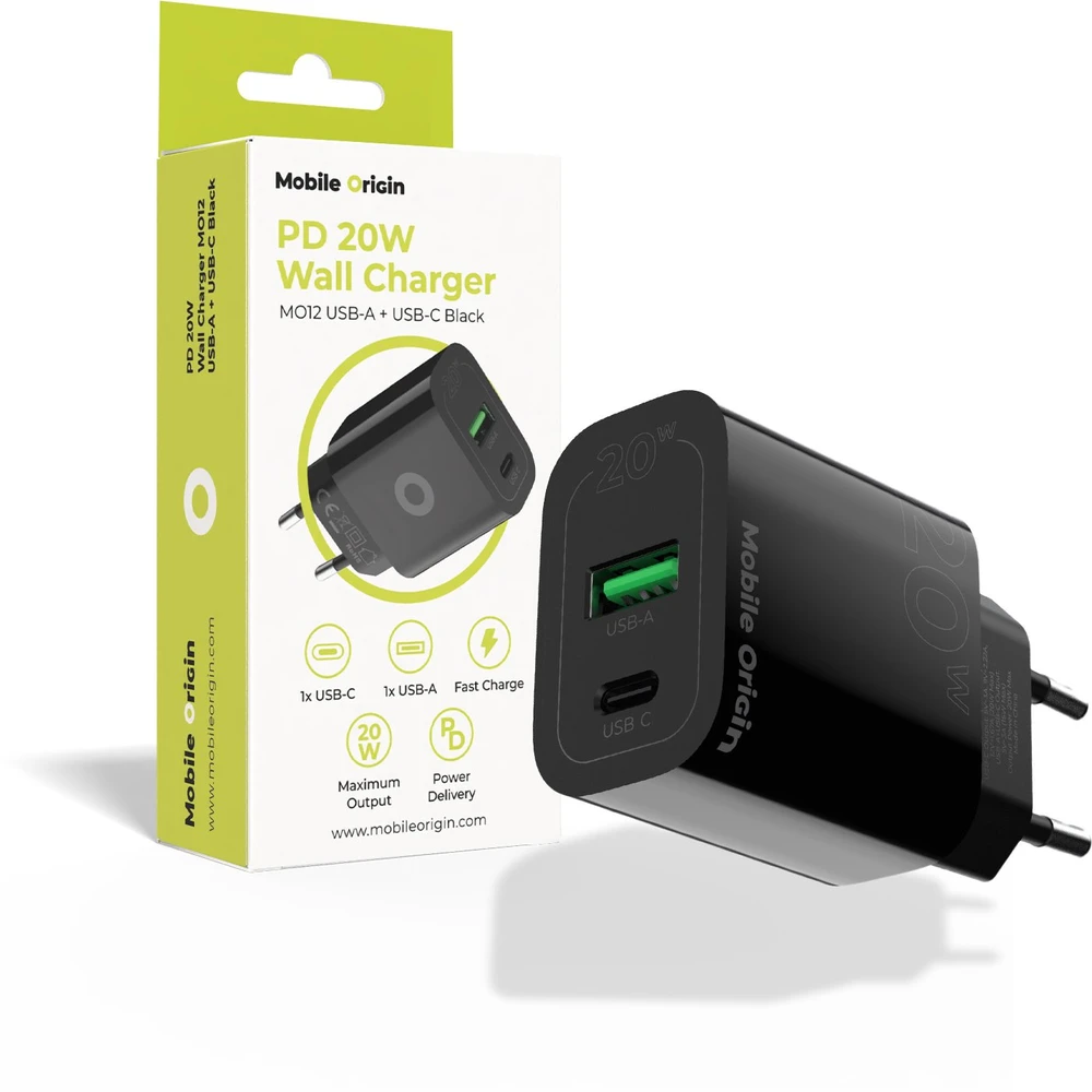 Mobile Origin PD20W laidinis įkroviklis MO12, juodos spalvos 1 USB-A + 1 USB-C