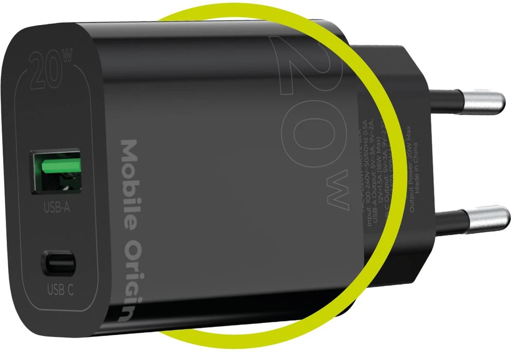 Mobile Origin PD20W laidinis įkroviklis MO12, juodos spalvos 1 USB-A + 1 USB-C