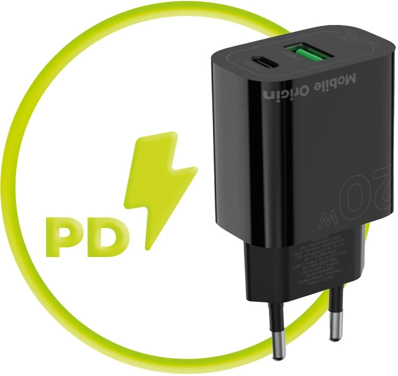 Mobile Origin PD20W laidinis įkroviklis MO12, juodos spalvos 1 USB-A + 1 USB-C