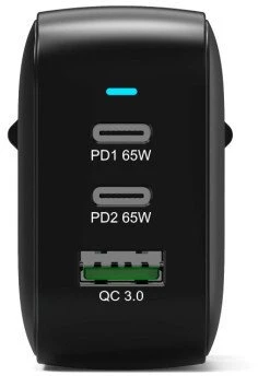 PORT CONNECT GaN2 sieninis įkroviklis, skirtas 2×USB-C PD ir USB-A QC, 65W, Juodas