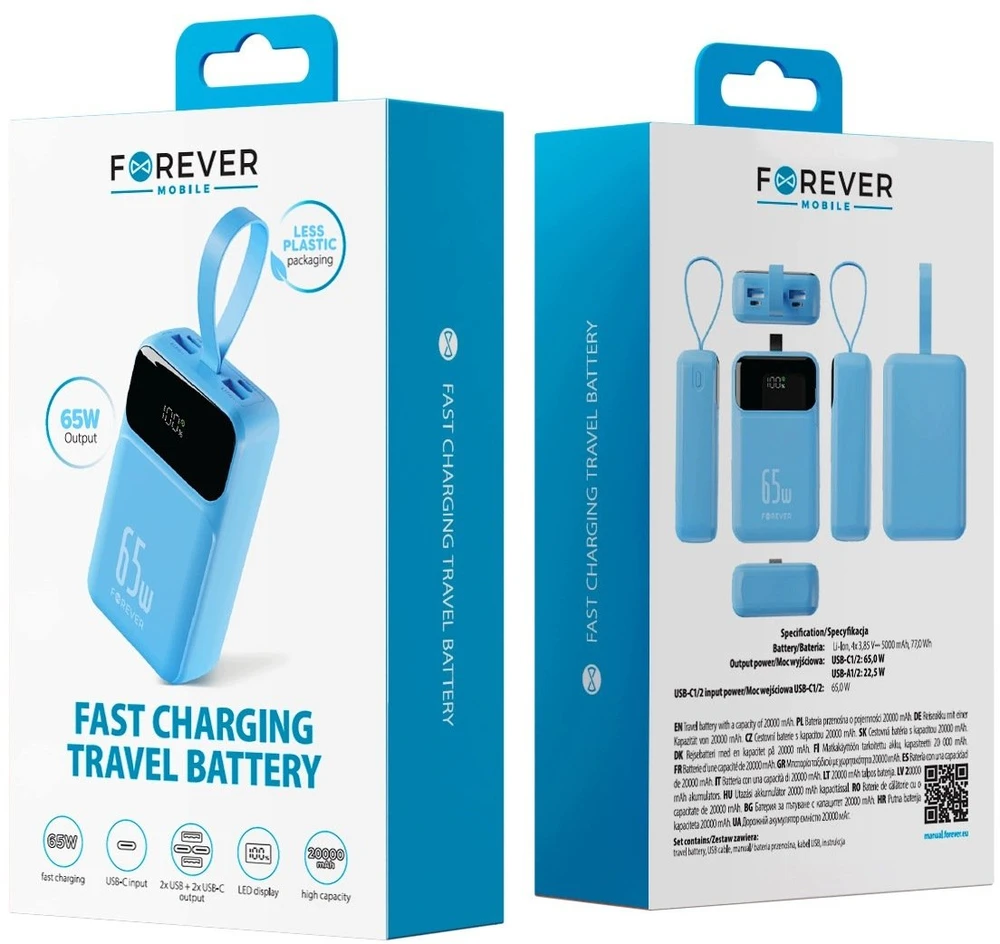 Forever išorinė baterija Vibe-TB65 PD QC 65W 20000 mAh žydra
