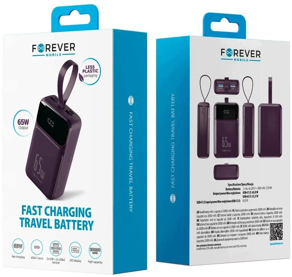 Forever išorinė baterija Vibe-TB65 PD QC 65W 20000 mAh tamsiai vyšninė